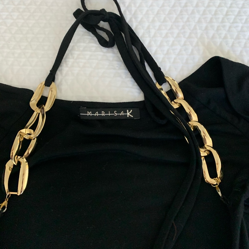 Marisa K fitted black shirt with gold link accent